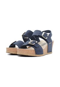 Sandali zeppa blu navy con doppie cinghie regolabili, realizzati in morbido suede, dotati di plantare in sughero e suola in gomma per una buona aderenza.