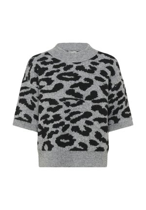 Grey sweater with a black leopard print design. Short sleeves, ribbed neckline, soft texture, and relaxed fit.