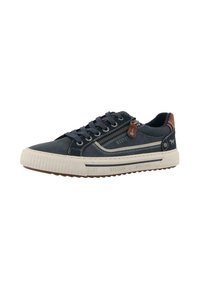 Sneakers di tela blu navy con una suola in gomma crema testurizzata, dettagli in pelle marrone a contrasto e una zip decorativa sul lato.