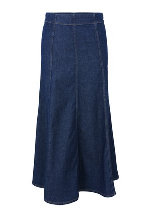 Denim skirt with a fitted waistband, flared cut, and visible stitching details. Dark blue color with a smooth texture and side slits.
