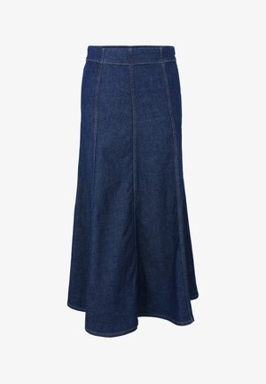 Denim skirt with a fitted waistband, flared cut, and visible stitching details. Dark blue color with a smooth texture and side slits.