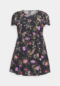 Schwarzes kurzärmliges Kleid mit einem floralen Muster in Pink, Lila und Grün. Verfügt über eine geraffte Taille und einen runden Ausschnitt.