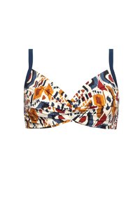 Stanik bikini z drutami, w kolorowy abstrakcyjny wzór w odcieniach pomarańczowego, niebieskiego i białego, z skręconym przodem i regulowanymi ramiączkami.