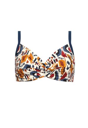 Stanik bikini z drutami, w kolorowy abstrakcyjny wzór w odcieniach pomarańczowego, niebieskiego i białego, z skręconym przodem i regulowanymi ramiączkami.