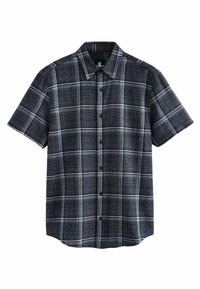 Camicia a maniche corte in tessuto a quadri bianco e nero, con chiusura a bottoni, colletto e tessuto strutturato.