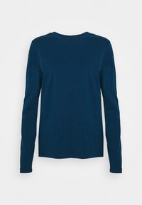 Navy long-sleeve t-shirt made of cotton, featuring a standard crew neck and straight hem. Smooth texture with no visible patterns or accents.