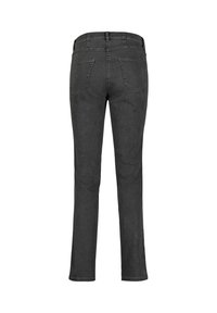 Ciemnoszare dżinsy o prostych nogawkach, z pięcioma kieszeniami, przeszyciami oraz pasem z pętelkami na pasek.