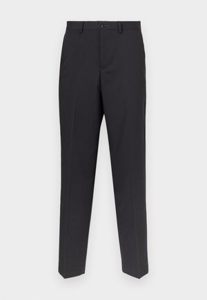 Pantaloni grigi scuri, realizzati in tessuto liscio, con un design a gamba dritta, tasche frontali e chiusura a un solo bottone.