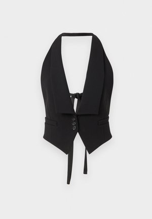Schwarze Halsbandweste mit strukturiertem Kragen, zwei Fronttaschen, Knopfschlüssen und einem Bindeband in der Taille. Texturiert mit einer taillierten Passform.