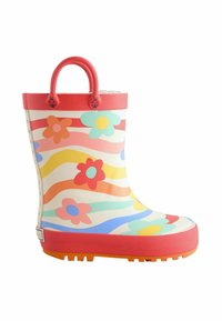 Bunte Gummiregenstiefel mit floralen Mustern und welligen Streifen. Rote Akzente und Griff, strukturiierte Sohle und Messmarkierungen an der Seite.
