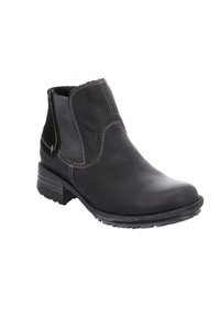 Black leather ankle boot with a smooth finish, elastic side panels, contrasting stitching, and a textured rubber sole.