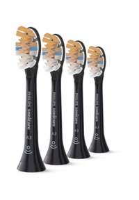 Quattro testine di spazzolini da denti neri con setole di colori variabili (bianco, blu, arancione) etichettate "PHILIPS Sonicare A3," caratterizzate da design ergonomico.