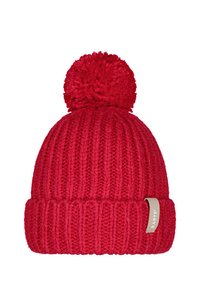 Red knitted beanie with a ribbed texture, featuring a large pom-pom on top and a small logo tag on the cuff.