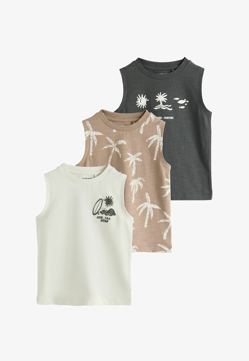 Trois hauts sans manches pour enfants en blanc, beige avec des palmiers blancs et gris foncé avec des motifs de soleil, palmier et poisson.