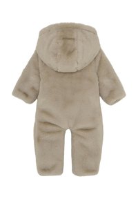 Faux fur baby sneeuwpak in lichtbeige. Bevat een capuchon, lange mouwen en een voetdesign, met een zachte textuur en een comfortabele pasvorm.