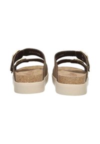 Brown suede sandals with cork midsoles and beige rubber outsoles. Features adjustable straps and a smooth texture. Back view shown.