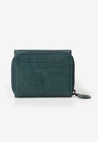Teal leather wallet with a zip closure, featuring a front pocket, embossed brand name, and a round zipper pull detail.