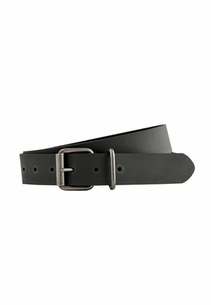 Black leather belt with silver rectangular buckle and multiple adjustment holes, coiled neatly on a white background.