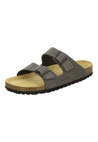 Gray slide sandal with two adjustable buckles, cork footbed, and textured black rubber outsole. Smooth upper material with rounded shape.