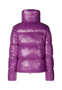 Purple puffer jacket with a high collar, glossy finish, quilted sections, and a cinched hem at the bottom for added insulation.