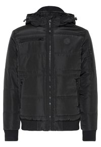Black puffer jacket with a hood, padded design, zippered pockets, ribbed cuffs and hem, featuring a logo on the upper left chest area.
