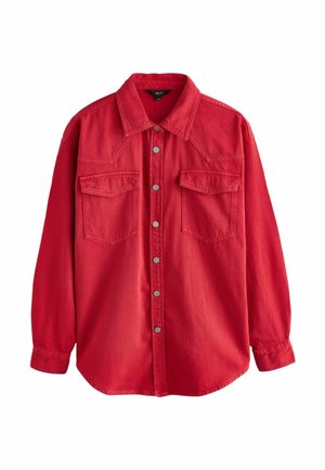 Rote Jeanshemd mit zwei Brusttaschen, spitzem Kragen und Knopfverschluss. Hat eine lockere Passform und lange Ärmel.