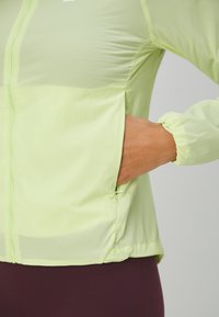 Giacca leggera di colore verde chiaro con zip frontale, polsini elastici e tasche laterali. Texture liscia e materiale traspirante.