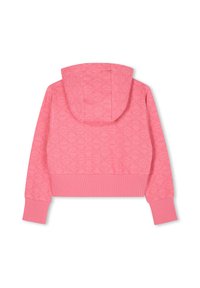 Hoodie cropped rose avec un motif floral texturé, un capuchon à cordon de serrage et des poignets côtelés aux manches et à l'ourlet inférieur.