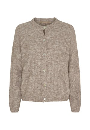 Beige ribstrikket cardigan med lange ærmer, rund halsudskæring og seks knapper foran, lavet af blødt tekstureret stof.