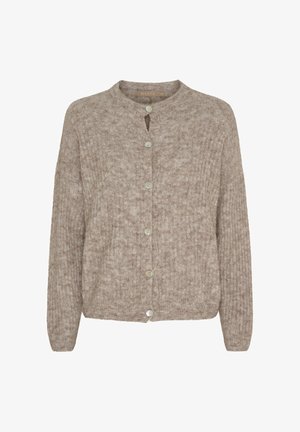 Beige ribstrikket cardigan med lange ærmer, rund halsudskæring og seks knapper foran, lavet af blødt tekstureret stof.
