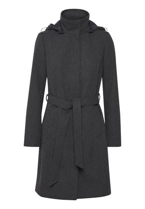 Dunkelgrauer Wollmantel mit hohem Kragen, verstellbare Kapuze, langen Ärmeln und einem Taillengürtel. Verfügt über zwei Seitentaschen zur Aufbewahrung.