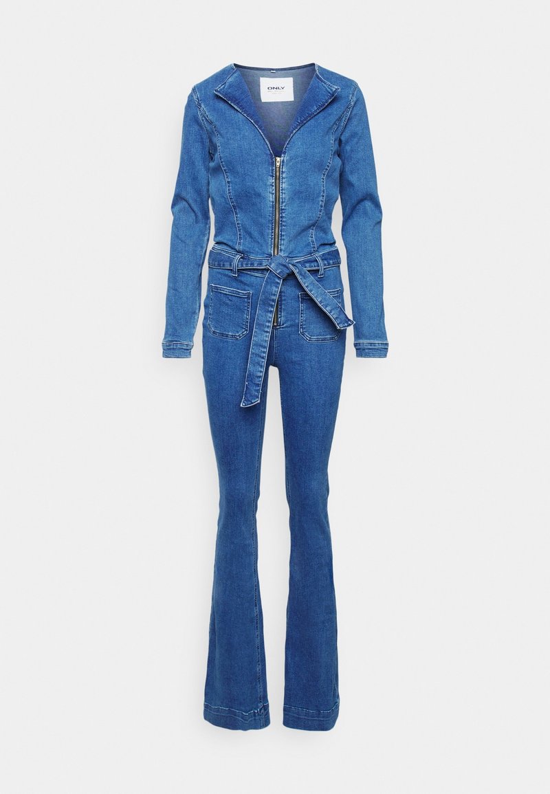 Denim jumpsuit in medium blue, featuring a zip front, long sleeves, flared legs, side pockets, and a tied waist belt for adjustable fit.