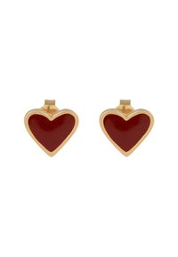 Boucles d'oreilles en forme de cœur en ton doré avec une surface en émail rouge brillant, présentant une texture lisse et une petite tige pour l'attache.