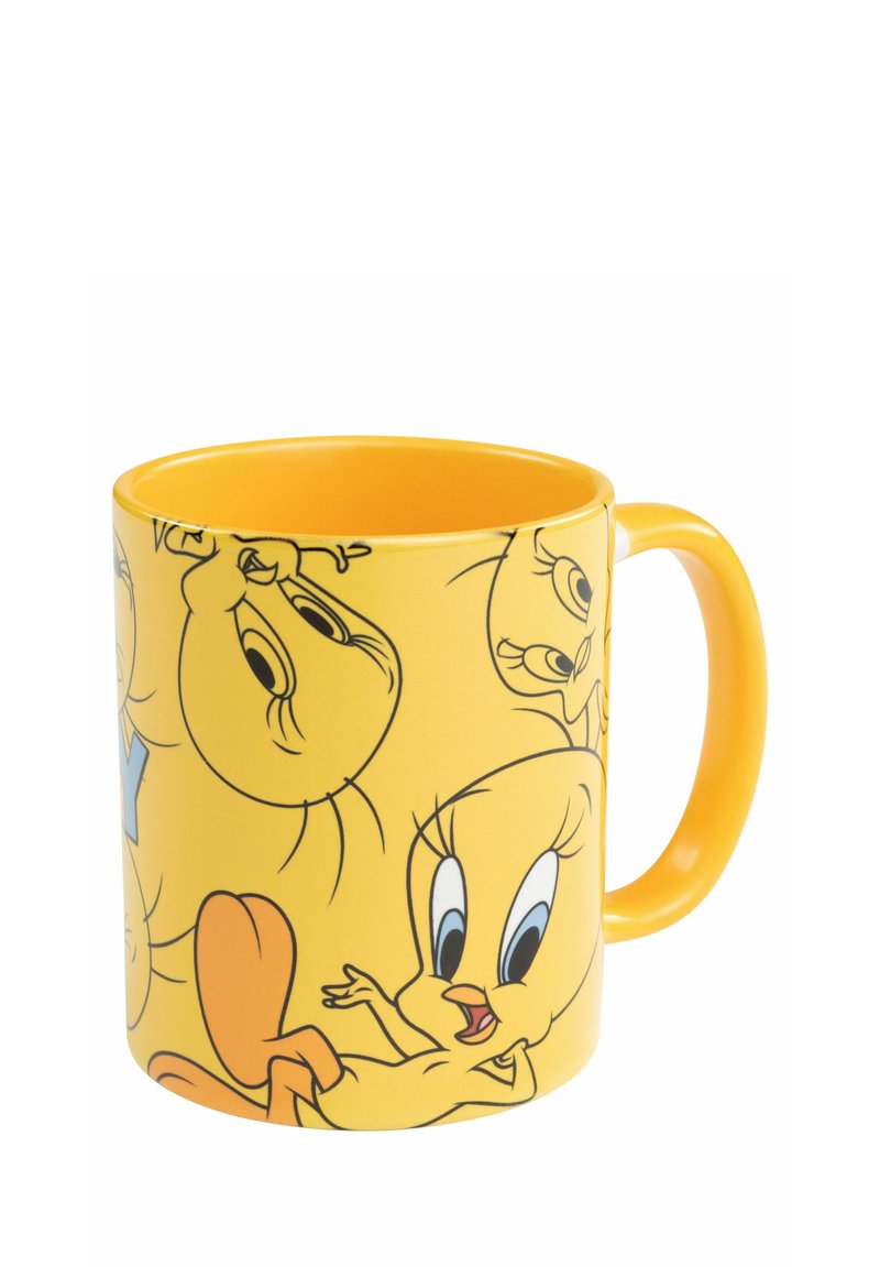 Tazza in ceramica gialla con personaggi animati, dotata di un'estetica lucida, forma arrotondata e un manico solido, decorata con una stampa di più personaggi.