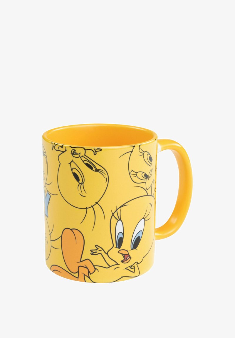 Yellow ceramic mug featuring animated characters, with a glossy exterior, rounded shape, and a solid handle, adorned with multi-character print.