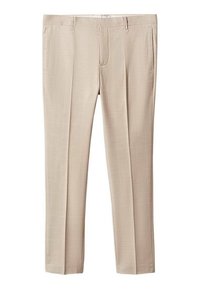Pantalon habillé beige slim fit avec un motif à carreaux subtil, plis devant, poches latérales et passants de ceinture, présenté sur fond blanc.