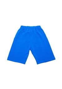 Niebieskie bawełniane szorty z elastycznym pasem, charakteryzujące się luźnym krojem i dwoma bocznymi kieszeniami; gładka tekstura i długość do połowy uda.