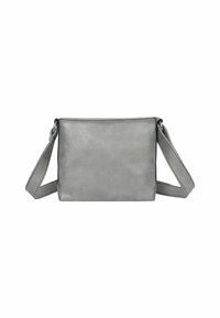 Bolso cruzado rectangular gris, hecho de material suave, con una correa ajustable y un diseño minimalista sin acentos adicionales.