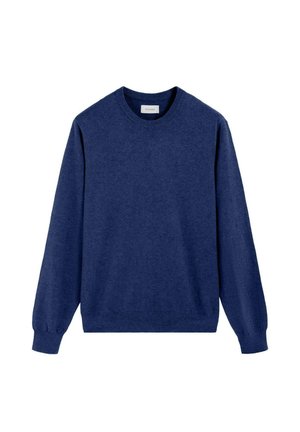 Jersey azul marino de manga larga con cuello redondo y puños y dobladillo acanalados, mostrado sobre un fondo blanco.