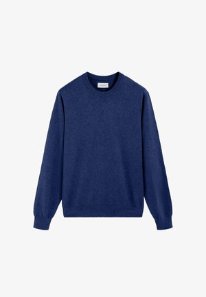 Pull bleu marine à manches longues avec col rond, poignets et ourlet côtelés, présenté sur fond blanc.
