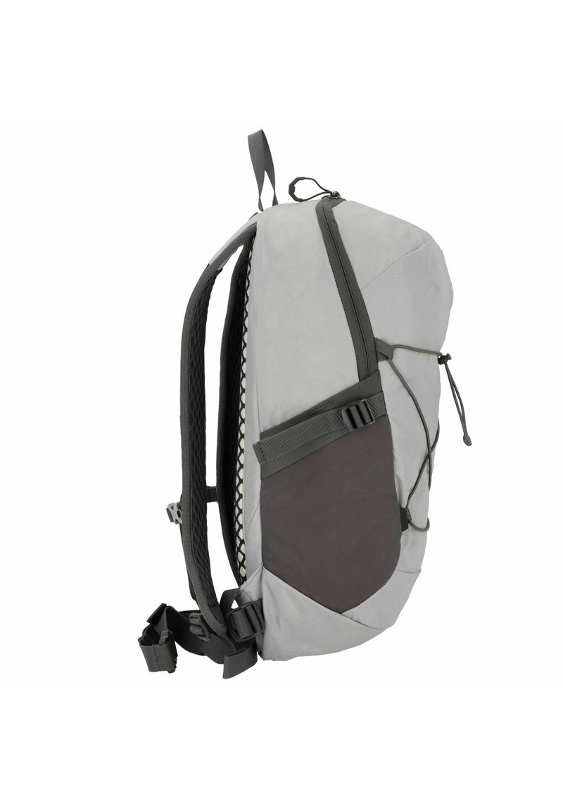 Grau und schwarzer Rucksack mit einem geschwungenen Design, Netzträgern und einem externen Bungee-Seil. Verfügt über eine Seitentasche und einen verstellbaren Schnallenverschluss.