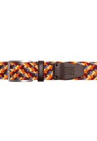Woven belt w kolorach pomarańczowym, fioletowym, żółtym i brązowym. Posiada srebrną metalową klamrę oraz brązowy skórzany akcent z wytłoczonym logo.