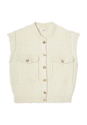 Gilet sans manches en tricot de couleur crème, doté d'un tissu texturé, de cinq boutons dorés et de deux poches poitrine avec fermetures à boutons.