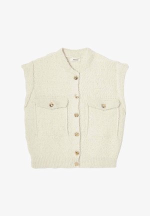 Gilet sans manches en tricot de couleur crème, doté d'un tissu texturé, de cinq boutons dorés et de deux poches poitrine avec fermetures à boutons.