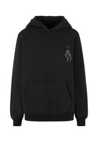 Felpa nera con cappuccio realizzata in morbido tessuto, dotata di una tasca frontale e di una grafica che raffigura una mano con un cuore. I polsini e l'orlo a costine completano il design.