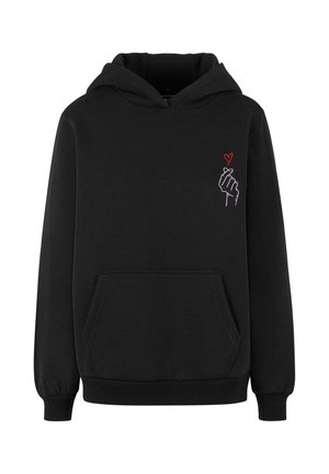 Schwarzer Hoodie aus weichem Stoff, mit einer frontalen Tasche und einem Grafikmotiv einer Hand mit einem Herz. Rippelbund und Saum vervollständigen das Design.