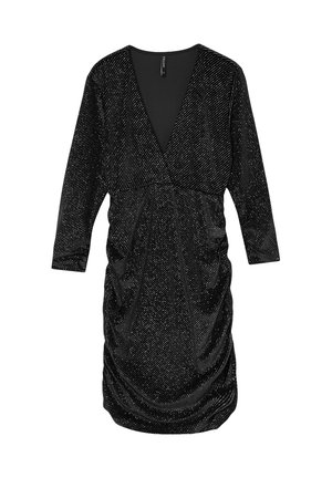 Vestito in velluto nero con maniche lunghe, scollatura a V, design arricciato, caratterizzato da un motivo testurizzato di particelle d'argento su tutta la superficie.