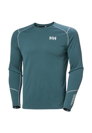 Blue long-sleeve performance shirt made of textured fabric. Features reflective accents and logo on the chest. Close-fitting design.