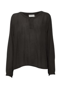 Schwarzes Langarmshirt aus leichtem Stoff. Mit einem V-Ausschnitt, lockerer Passform und umgeschlagenen Ärmeln. Glatte Textur, ohne Muster.