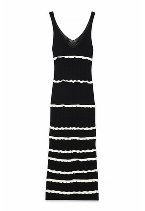 Schwarzes Strickkleid mit tiefem V-Ausschnitt, versehen mit horizontalen weißen Wellenstreifen, taillierter Silhouette und einem knielangen Design.